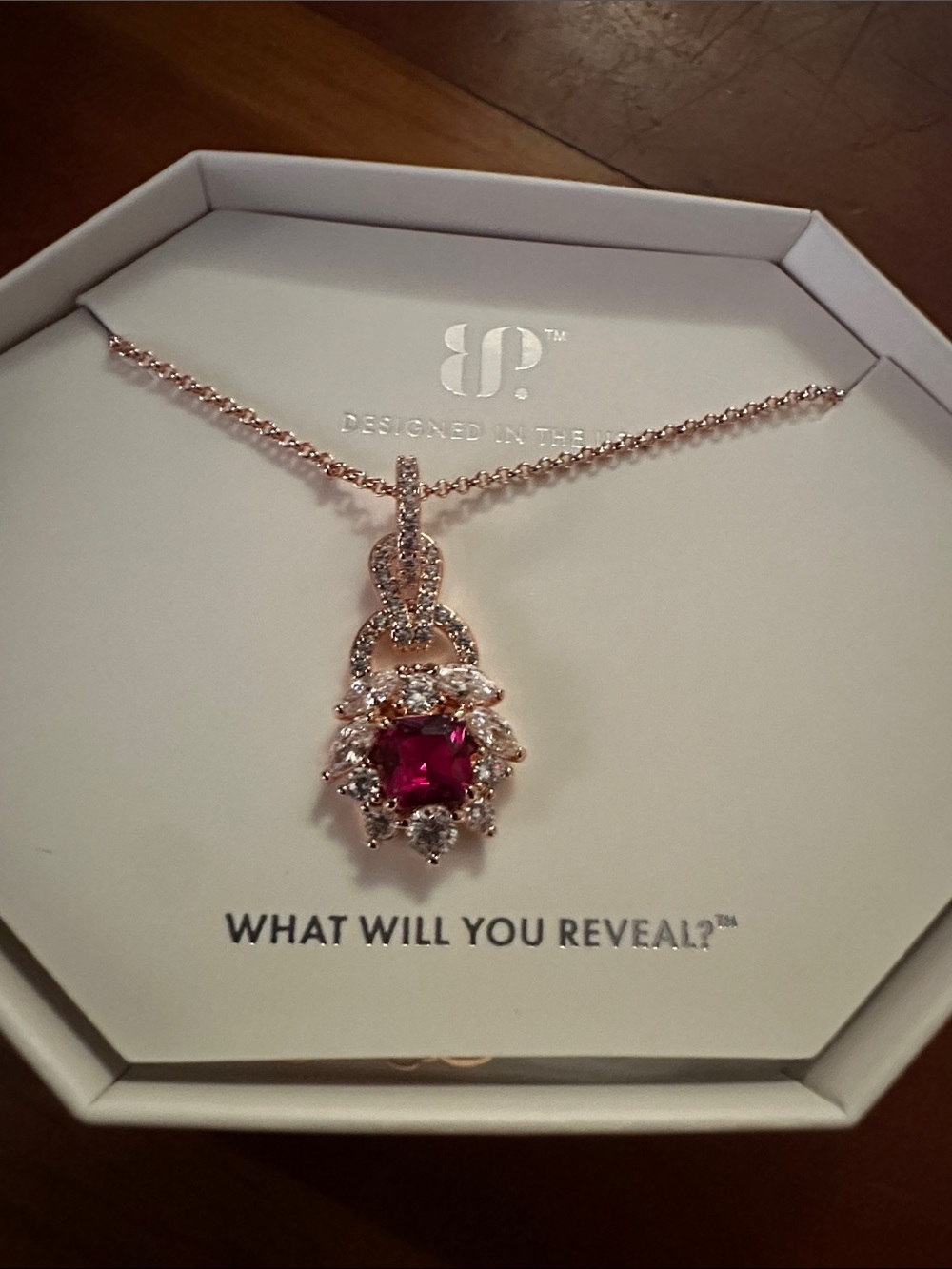 Rose-Tone Pendant Necklace with Deep Pink Center Stone